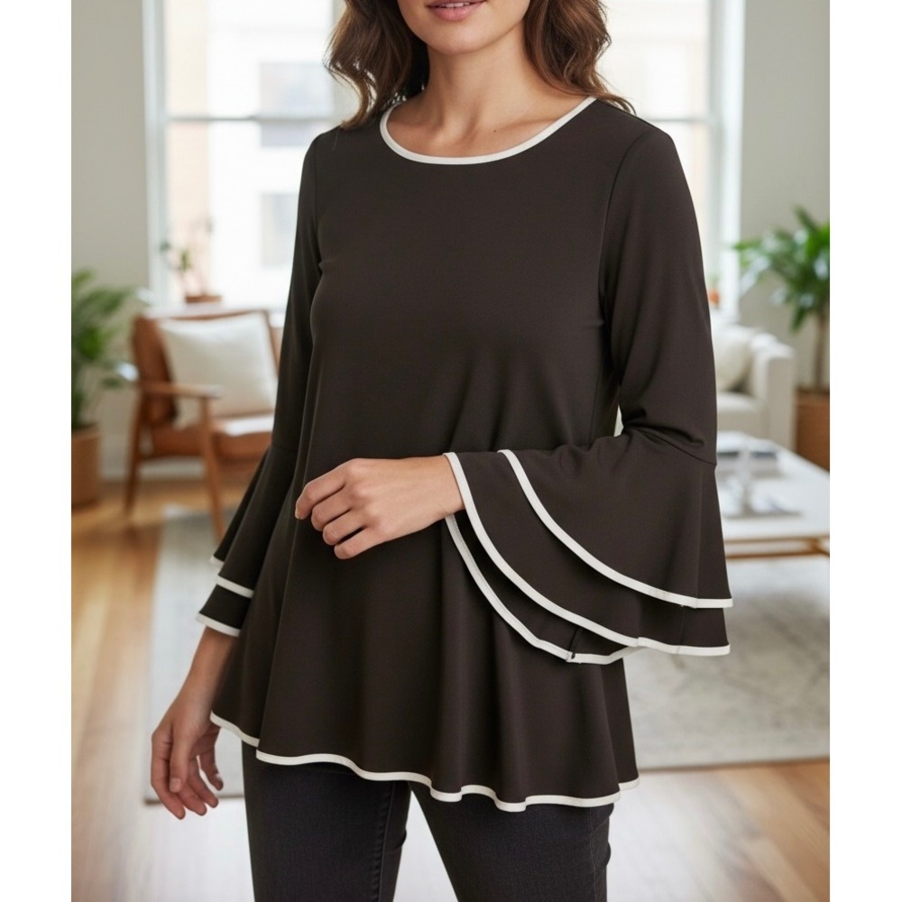 Black White Tiered Bell Sleeve Knit Top Blouse Size 12 Frank Wyman Design Tunic